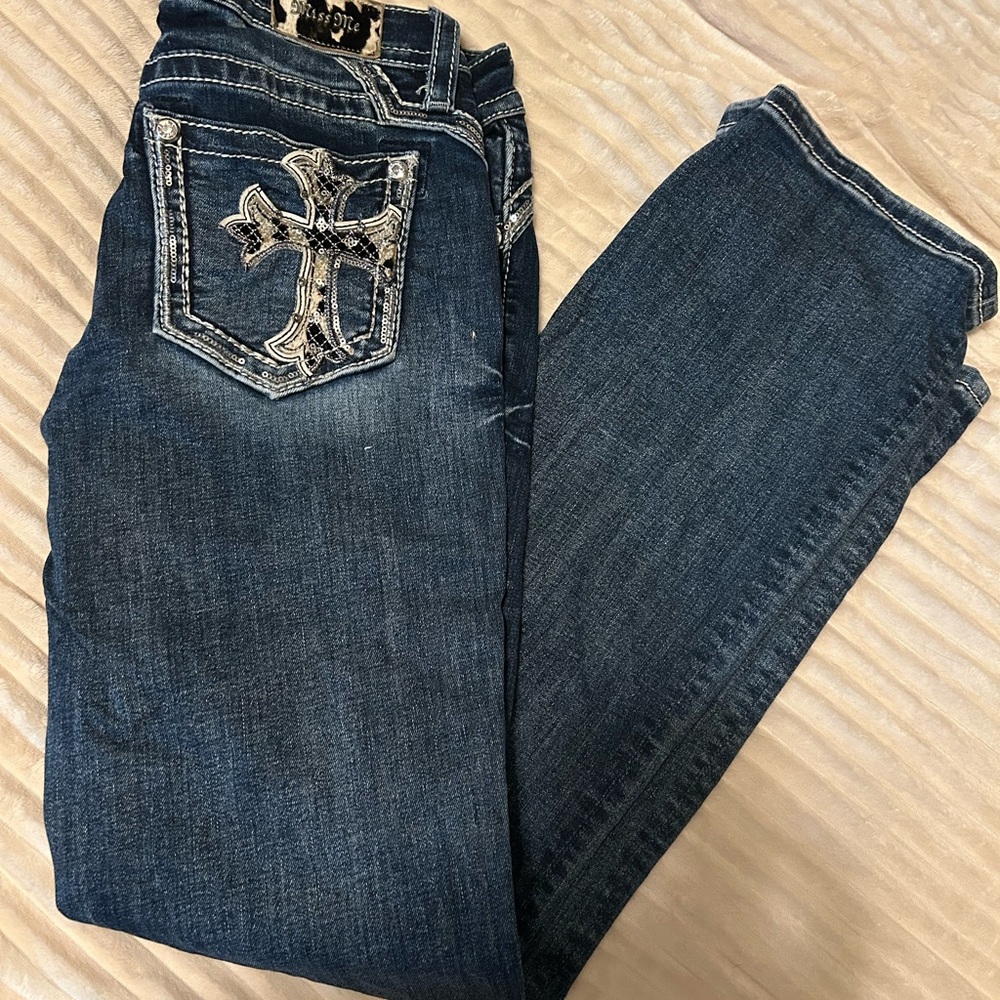Miss Me Dark Blue Boot Cut Jeans with Embroidered Cross